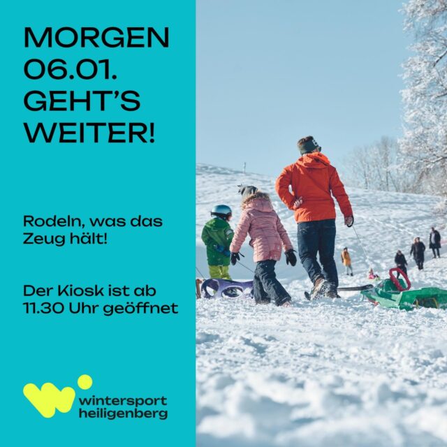 🛷 𝐌𝐨𝐫𝐠𝐞𝐧 𝐠𝐞𝐡𝐭’𝐬 𝐰𝐞𝐢𝐭𝐞𝐫!❄️

Auch morgen, am 06.01.26, heißt es wieder:
👉 Rodeln, was das Zeug hält!

Ab 𝟏𝟏.𝟑𝟎 𝐔𝐡𝐫 ist unser 𝐊𝐢𝐨𝐬𝐤 𝐠𝐞ö𝐟𝐟𝐧𝐞𝐭 – mit
🎶 Après-Ski-Hits
☕ warmen Getränken
🥨 Snacks für zwischendurch

Also: Schlitten schnappen, Freunde einpacken und Winter genießen.

Wir sehen uns im Schnee! ❄️🔥

#wintersport #heiligenberg #schlittenfahren #winterspaß #apresski
